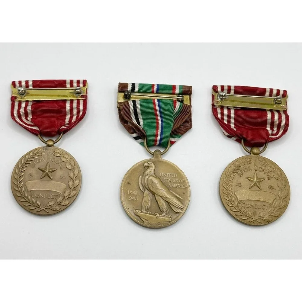 3 WWII Army Medals Ribbons - 2 Good Conduct, European African Middle Eastern Cam